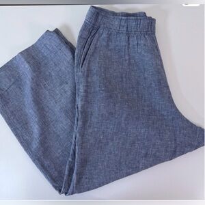 Tahari XL 100% Linen Flowy Wide Leg Blue Pants Elastic Waist
